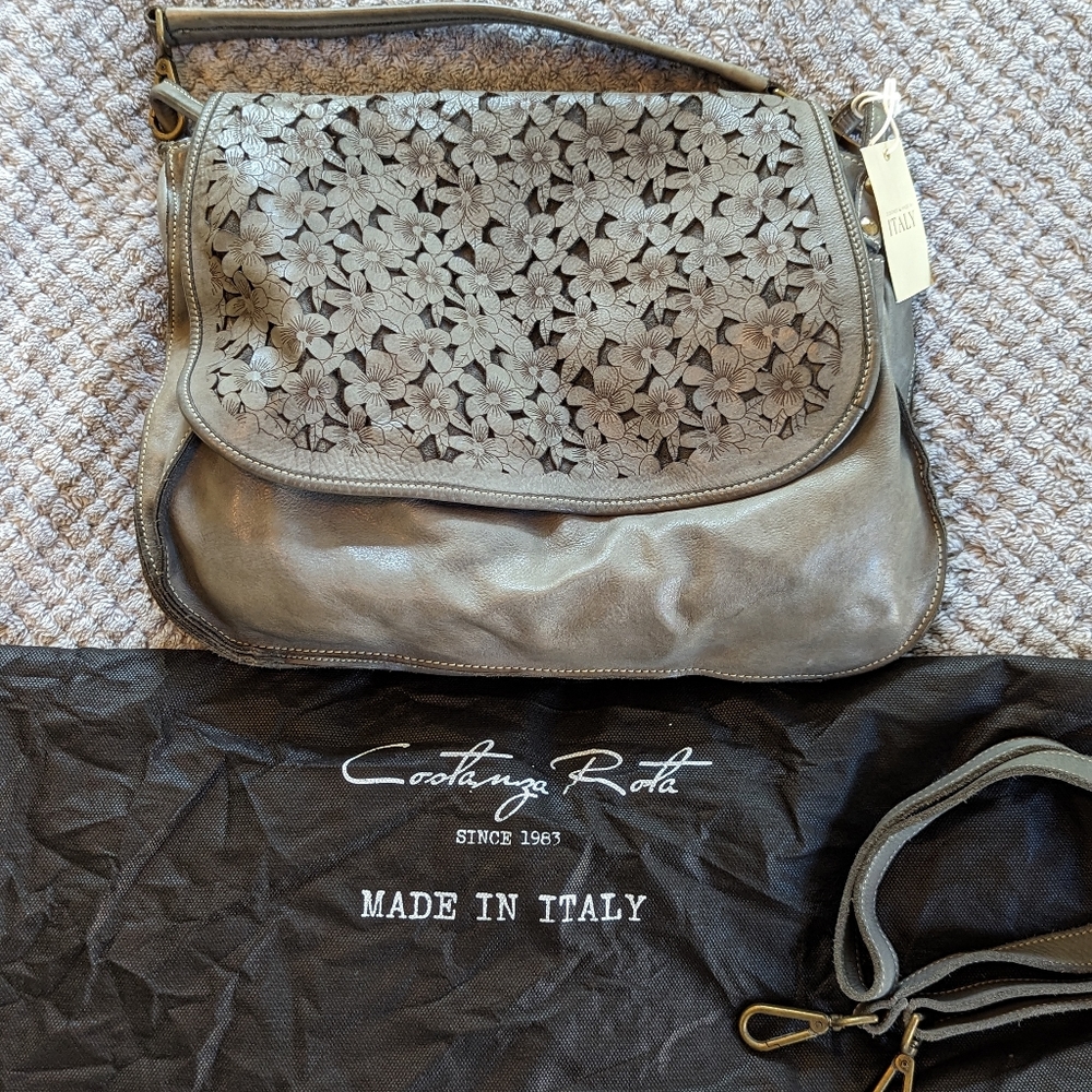 New Costanza Rota Floral Cutout Satchel Crossbody Tote Italian Leather